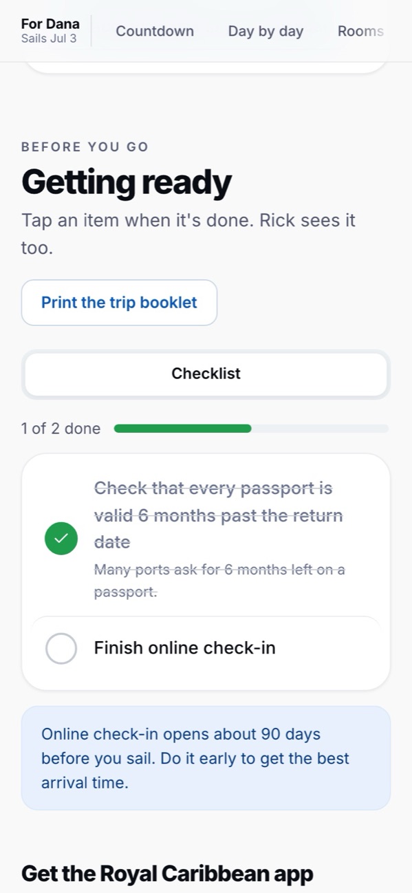 The Getting ready section of a sample trip page, with a checklist, online check-in, and a button to print the trip booklet.