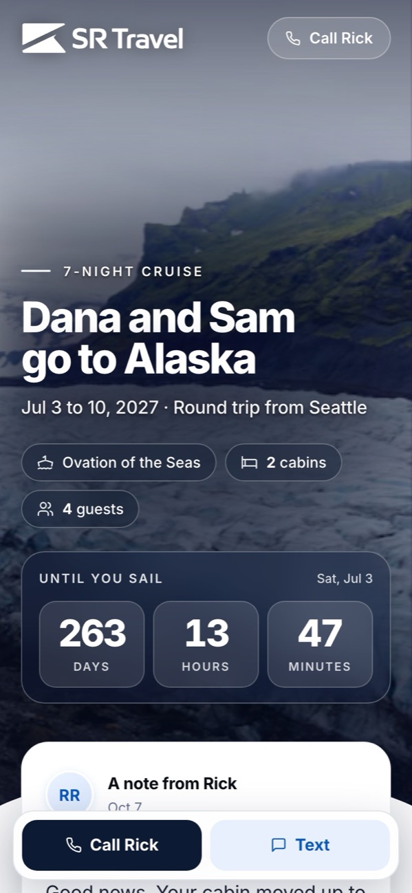 A sample trip page on a phone, with the trip name, the ship, and a countdown to the sailing date.